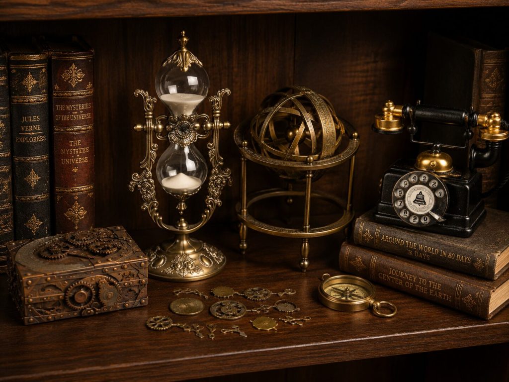 Styled shelf vignette - armillary sphere, hourglass, gear charms arranged around small books and compass. Dark walnut shelf, warm lighting