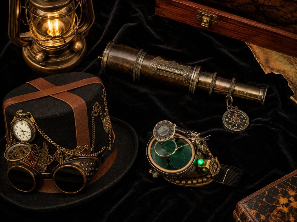 Styled flat-lay - brass telescope, pocket watch with engraved case, steampunk goggles, vintage lamp. Dark velvet background, warm lighting