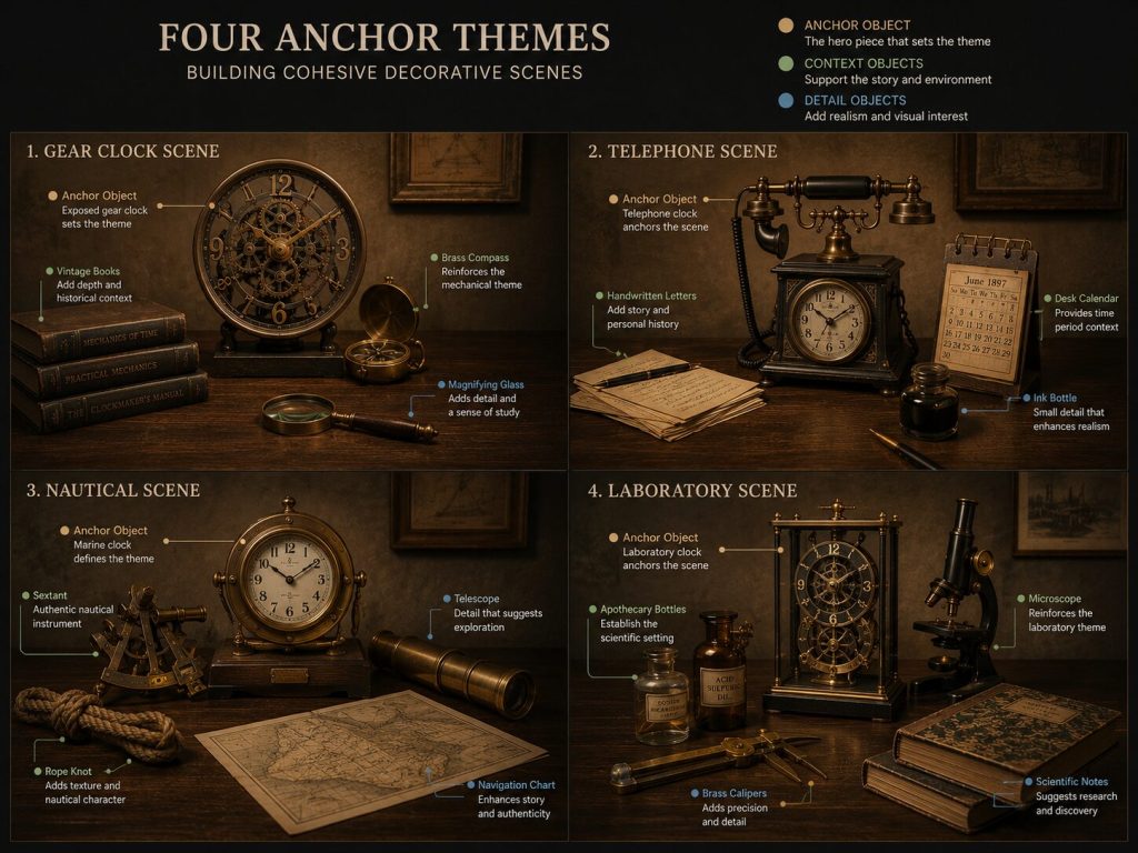 Four anchor types with supporting objects labeled - gear clock scene / telephone scene / nautical scene / laboratory scene
