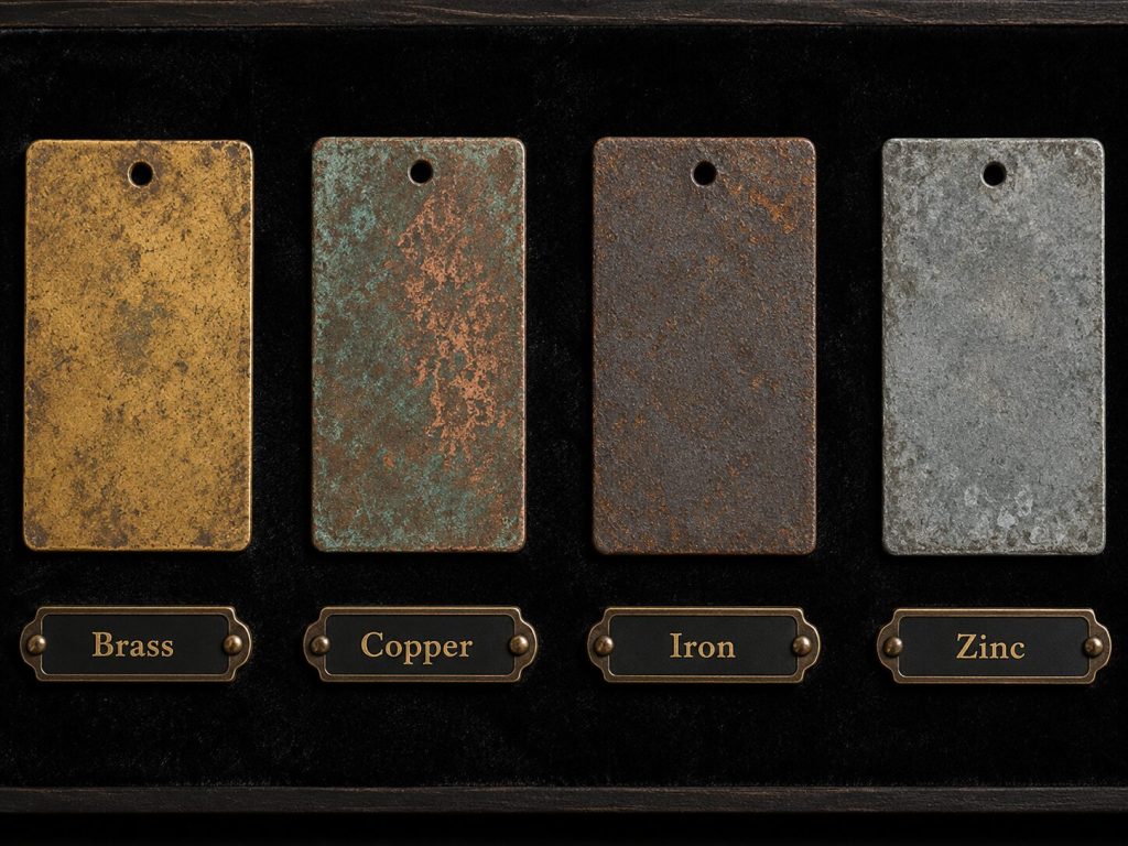 Four metal samples - brass, copper, iron, zinc - aged specimens showing their natural character