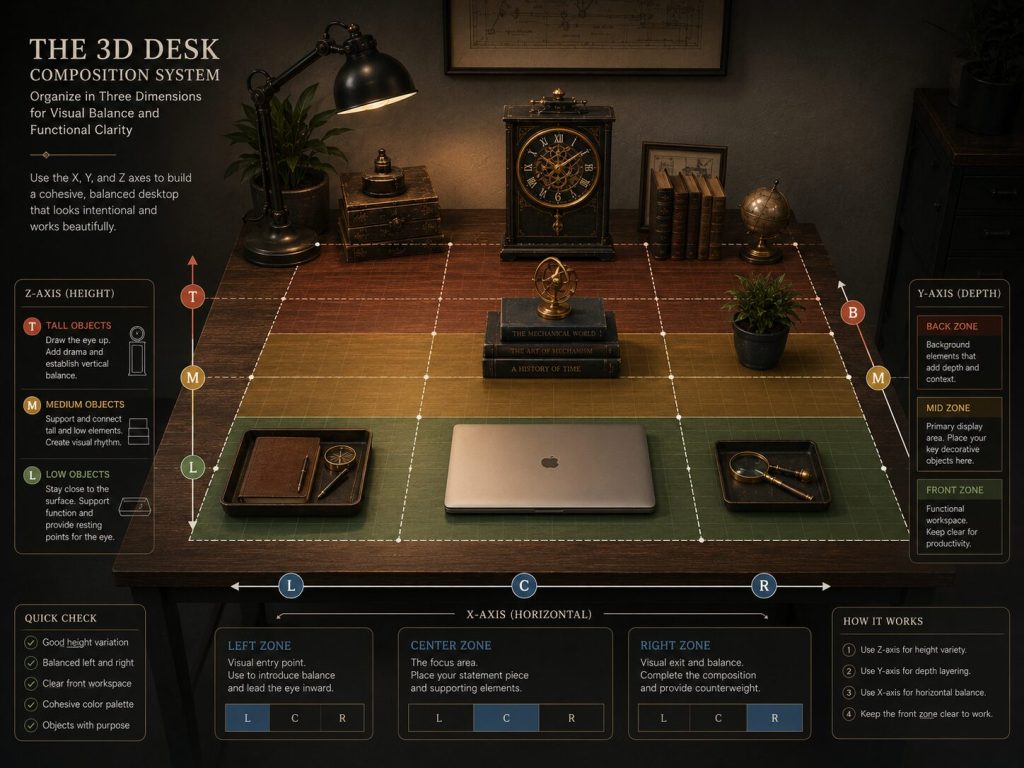 Labeled diagram of desk composition in 3 axes - X leftcenterright zones, Y frontmidback zones, Z height levels