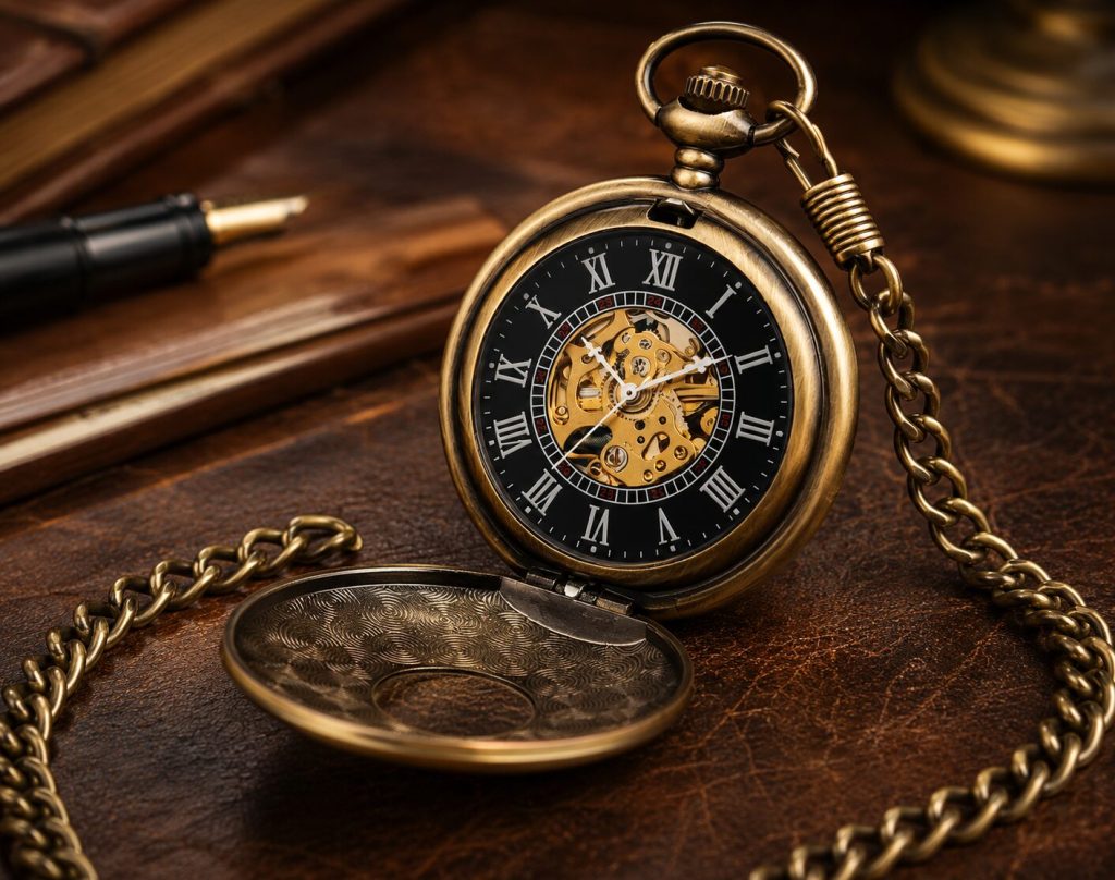 Pocket watch open showing dial, chain laid out, engraved back visible. Bronze color on dark leather surface