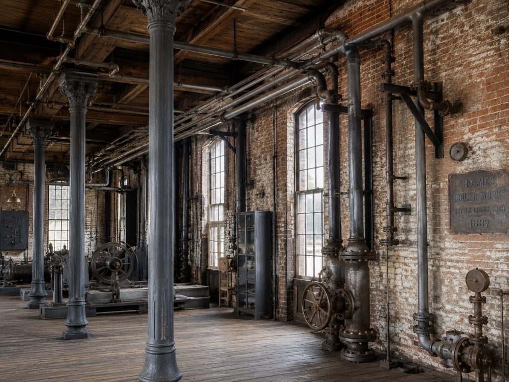 Victorian factory interior - cast iron columns, exposed pipe, original hardware visible