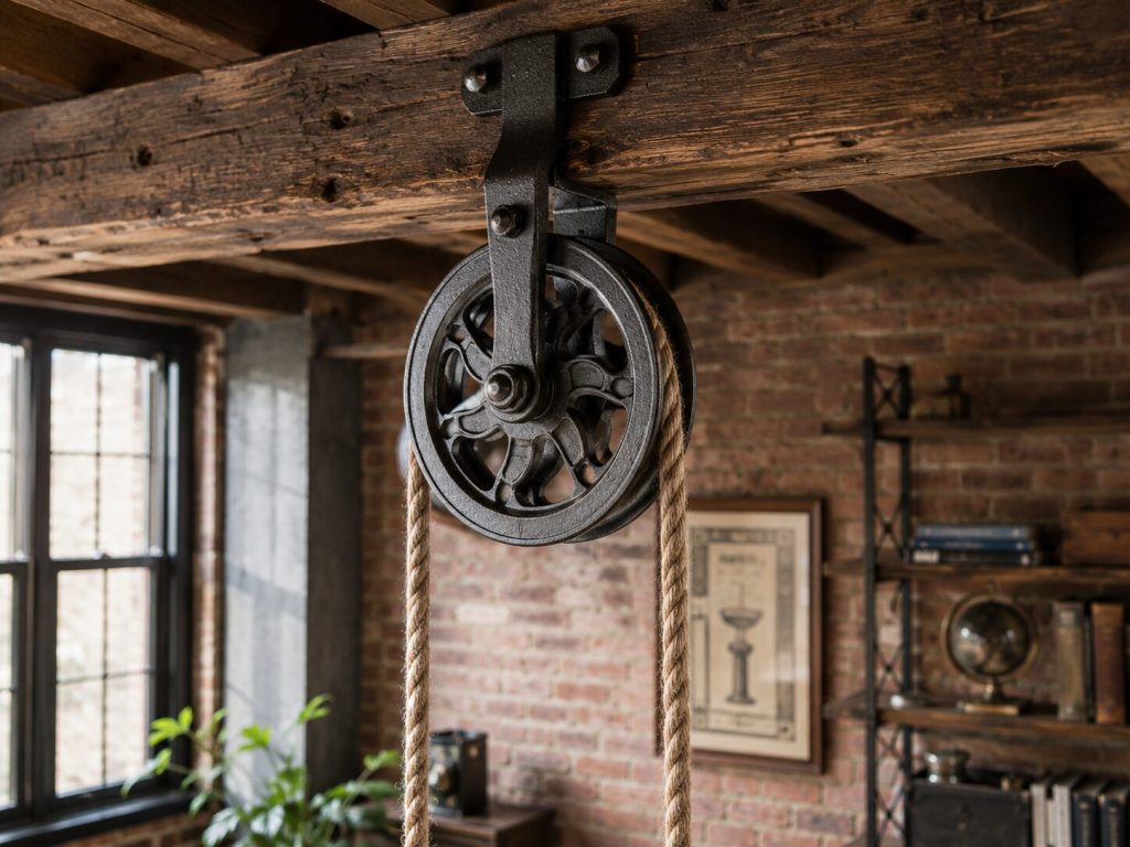 Victorian cast iron pulley - rope threaded, ceiling-mounted in loft space
