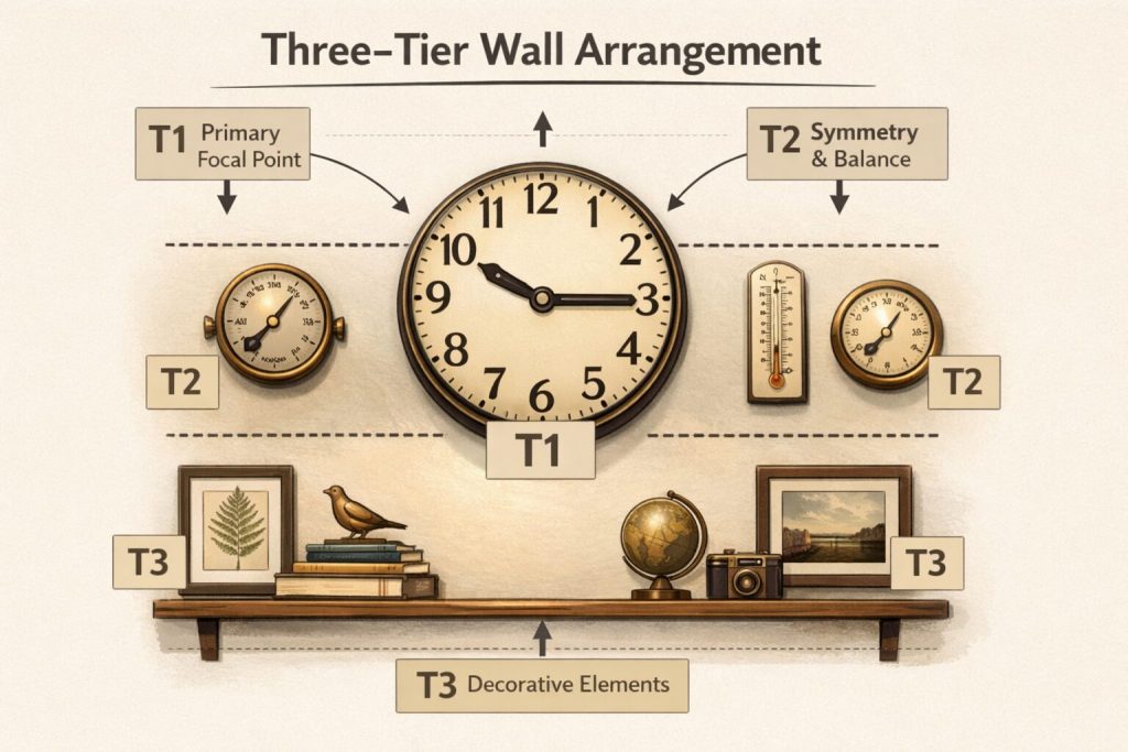 Three-tier composition diagram - clock center labeled T1, instruments flanking labeled T2, small objects filling gaps labeled T3