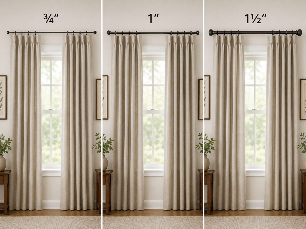 Three diameter options shown at same window - ¾", 1", 1½" - with identical curtains demonstrating visual weight difference