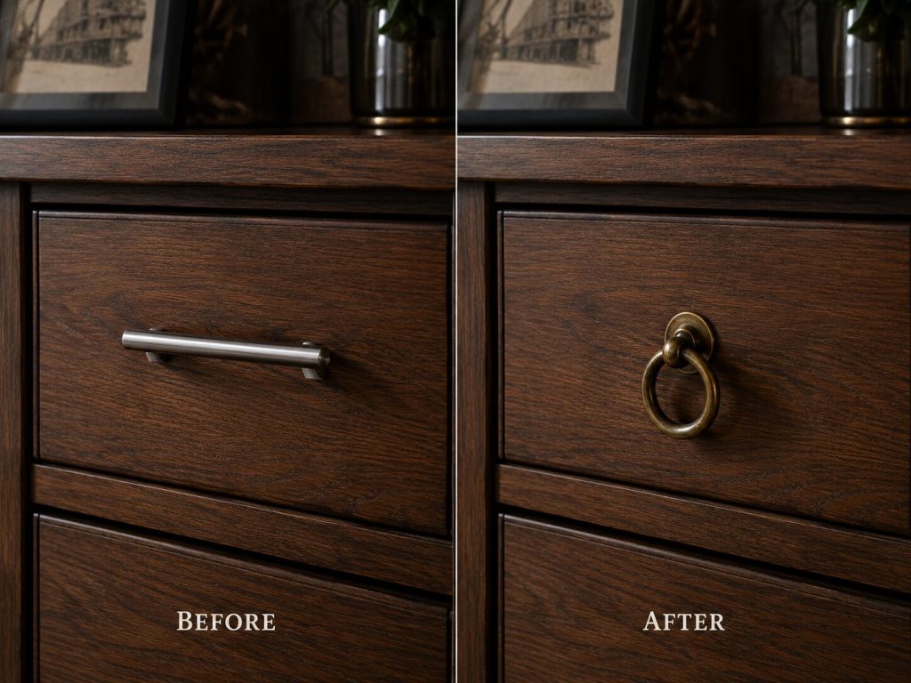 Same cabinet drawer - chrome pull before / brass ring pull after