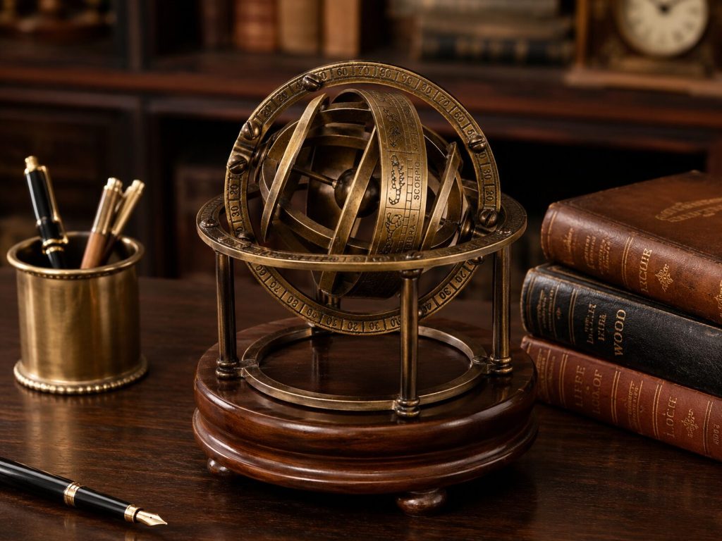 Armillary sphere on lacquered wooden base, on dark wood desk alongside pen holder and small stacked books. Scale reference included