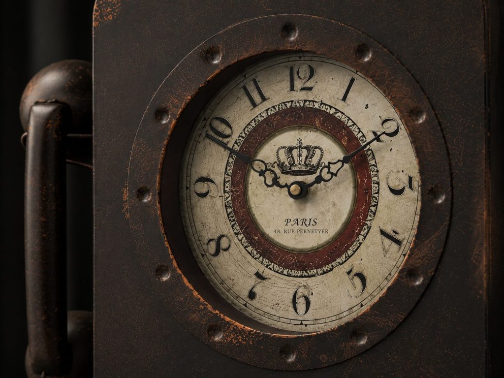 Abdurey close-up - 7-inch clock face, analog hands, steel frame texture, Antique Brown finish detail