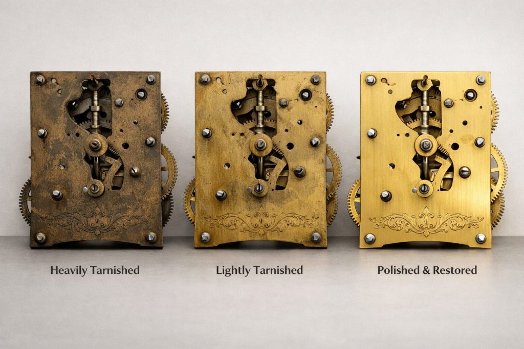 Three brass clock components: heavily tarnished / lightly tarnished / clean - progression showing what is achievable