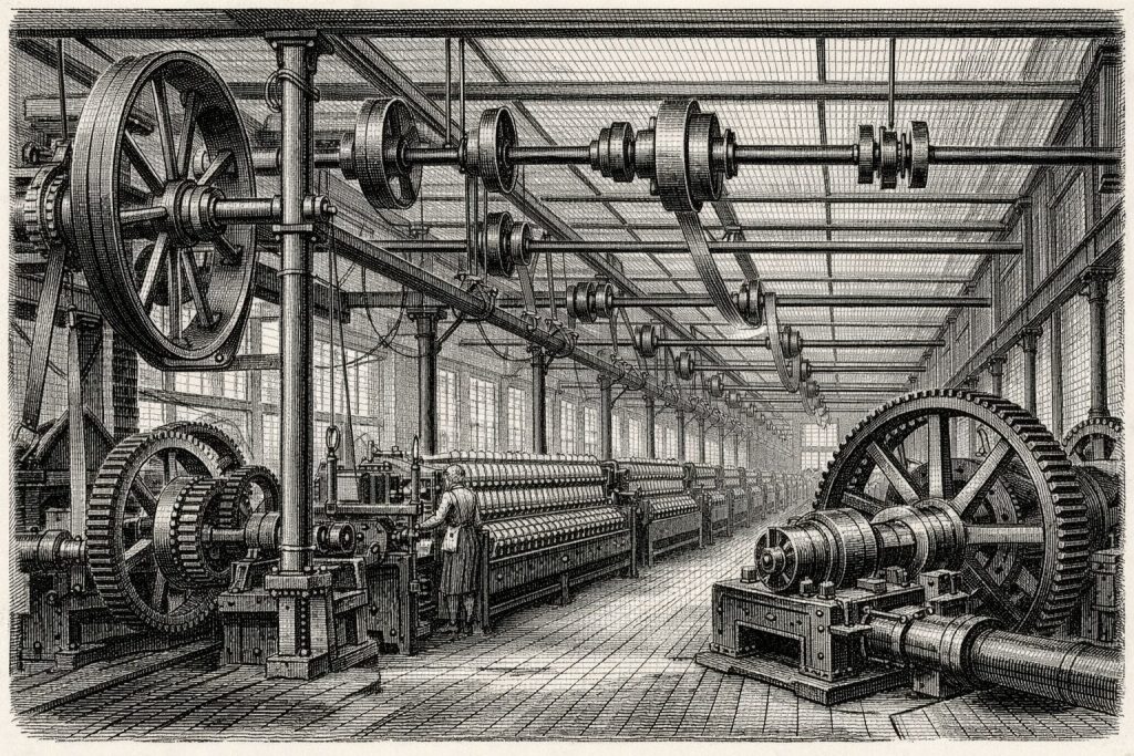 Victorian factory engraving - large gear systems visible in a spinning frame or engine room