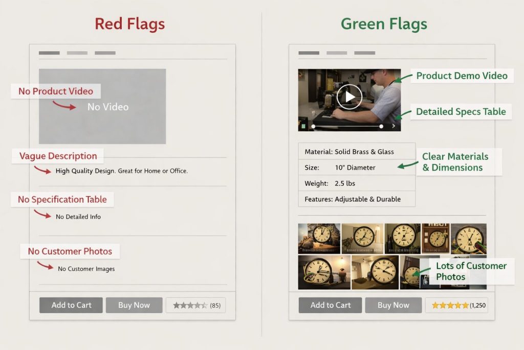 Side-by-side: listing with red flags labeled - no video, vague material, no customer photos - versus listing with green flags - product video, spec table, many customer photos