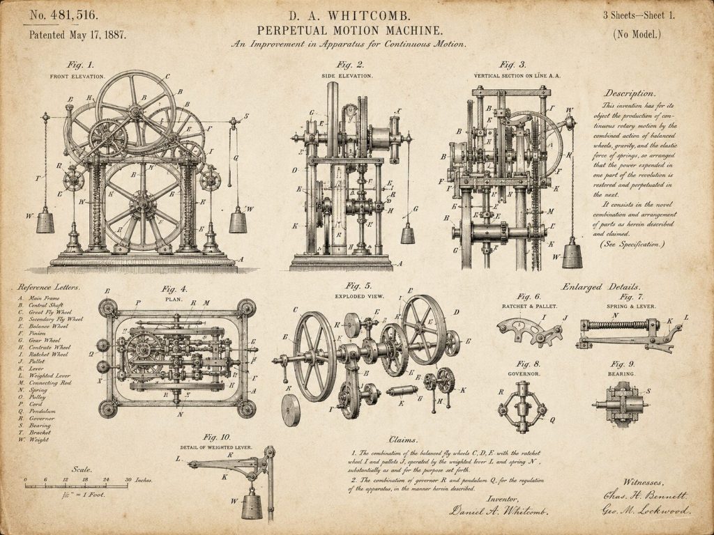 Victorian-era perpetual motion machine diagram - public domain patent illustration style