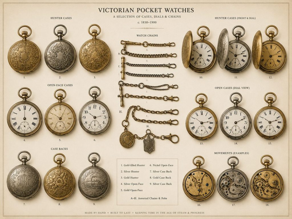 Victorian pocket watch collection illustration - multiple case designs, chains, and open dials