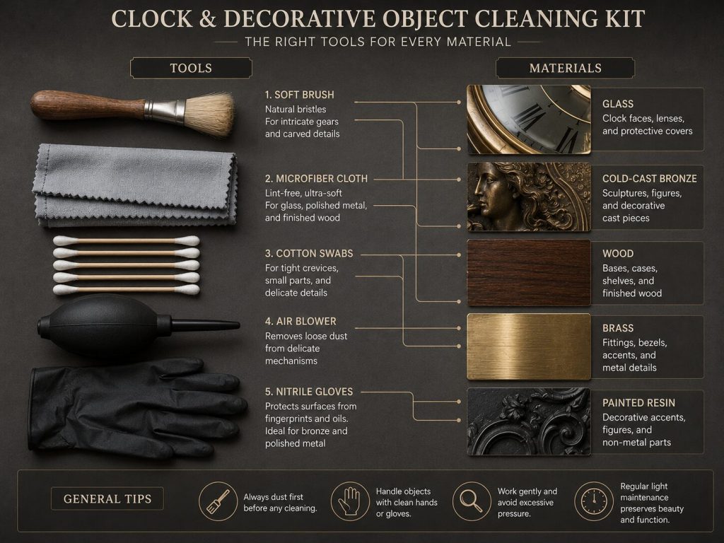Cleaning kit laid out - brushes, microfiber, cotton swabs, compressed air, labeled by material application