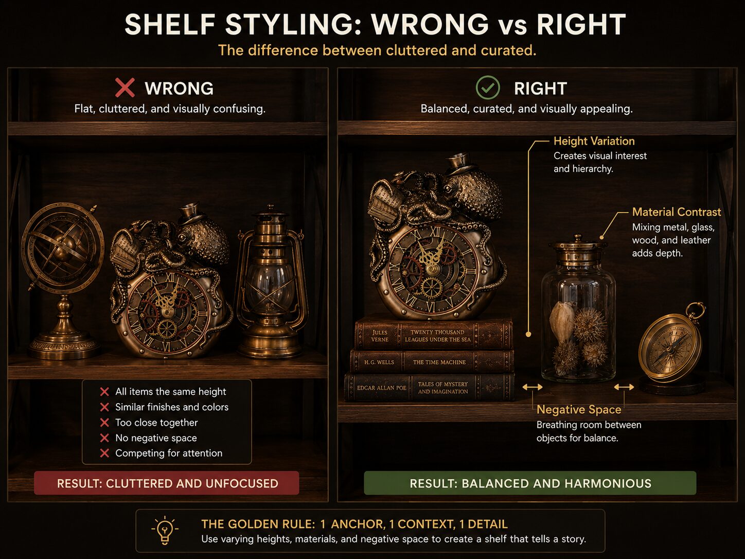 Two side-by-side vignettes: wrong version with same height, same material, no gap / right version with height variation, material contrast, defined gaps