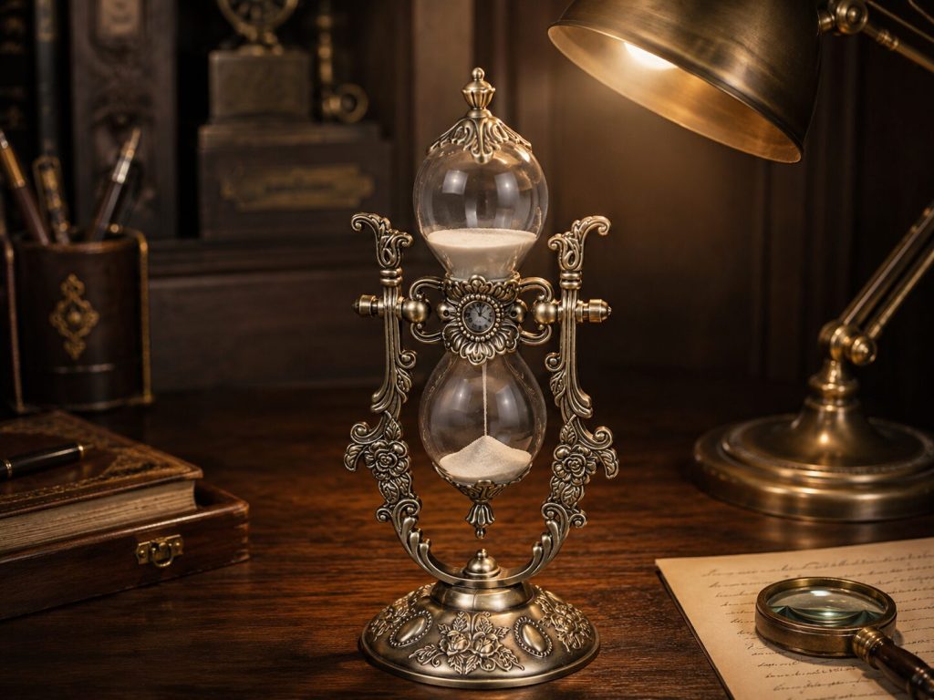 Hourglass on dark desk with sand mid-flow, desk lamp illuminating the gold frame and falling sand