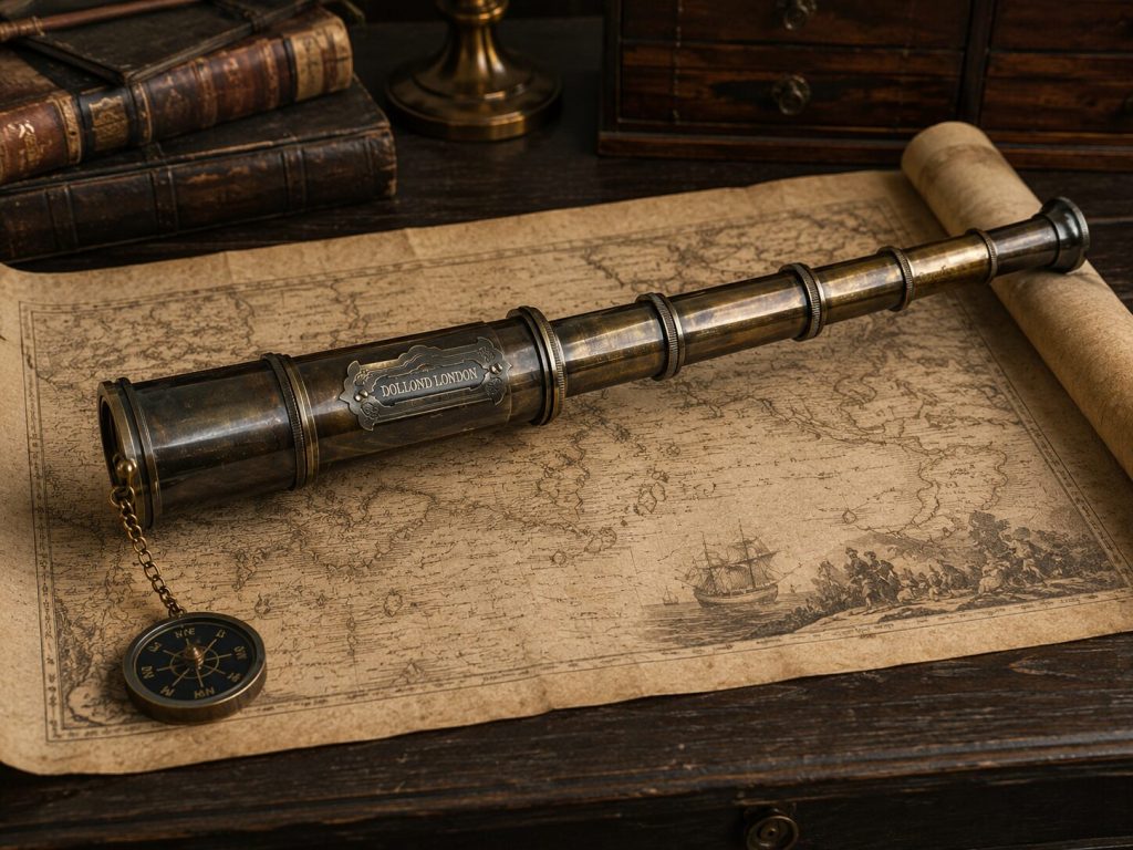 Brass telescope fully extended on dark desk - map unrolled beneath it, compass visible at side