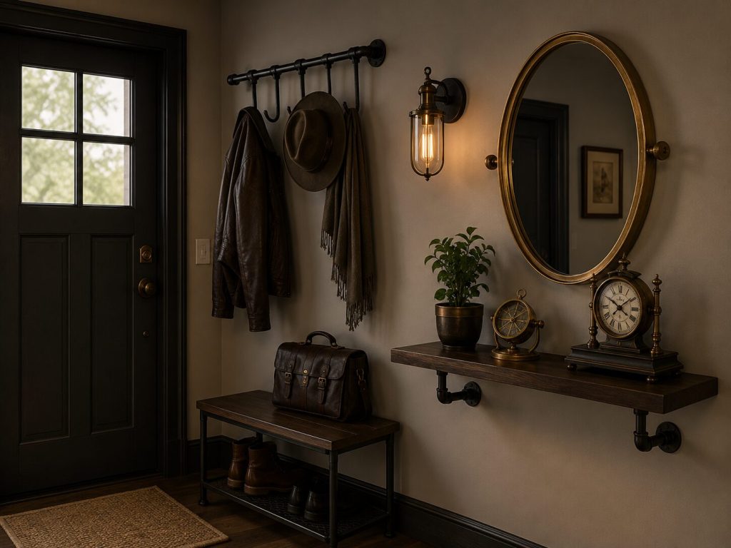 Complete Steampunk entryway - dark door, iron pipe coat rack, wall sconce, narrow shelf with compass and clock, oval brass mirror