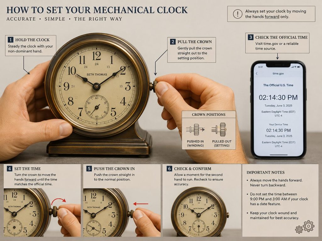 Hand setting procedure diagram - correct hold position, crown position, and reference phone showing time.gov