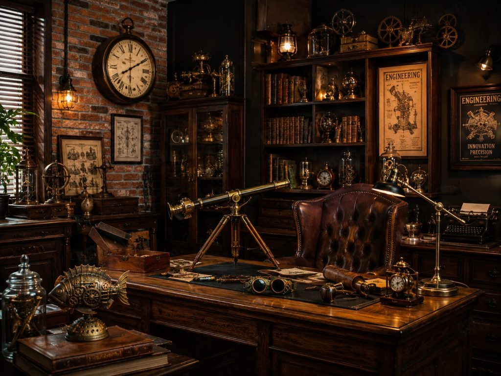 Dense, layered Steampunk workshop - clock on wall, instruments on shelf, gear charms in specimen jar, telescope on desk, brass accessories throughout, warm amber light