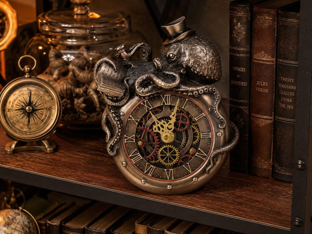 Veronese on a Steampunk shelf - brass compass, specimen jar, stacked leather books nearby. Octopus visible with clock face centered