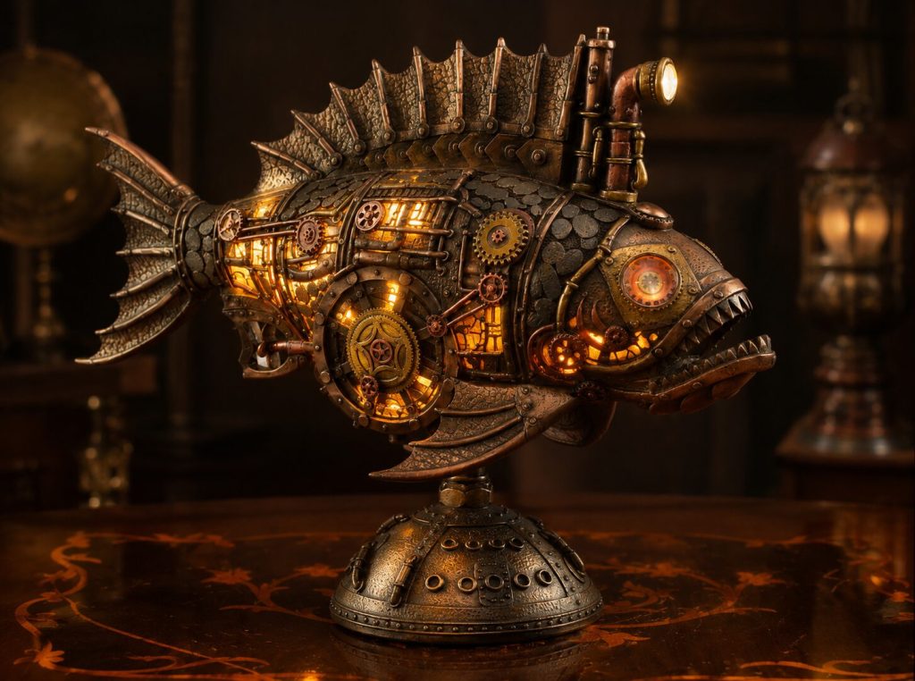 Piranha lamp activated in darkened room - internal light glowing through form