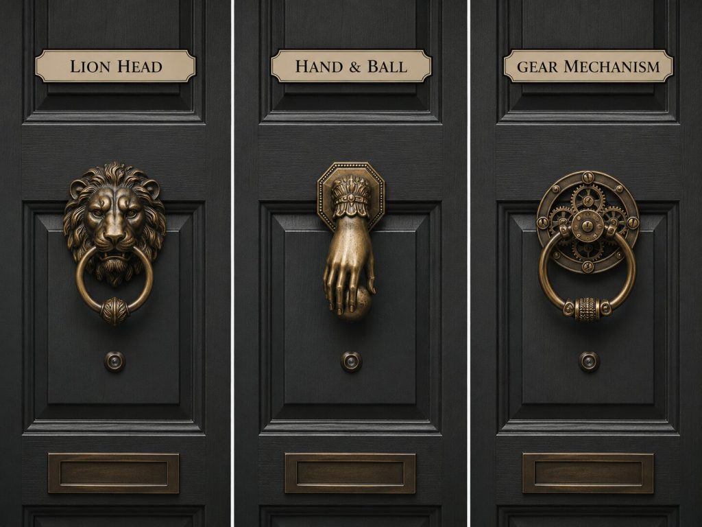 Three knocker types side by side - lion head / hand and ball / gear mechanism