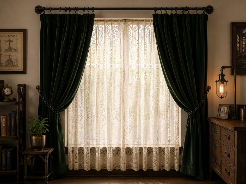 Layered Steampunk curtain - outer velvet deep green tied back with chain, inner lace visible, pipe rod showing above