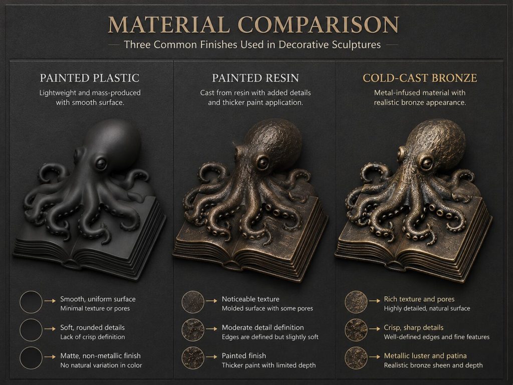 Three material samples side by side - painted plastic, plain resin painted, cold-cast bronze - showing surface quality differences