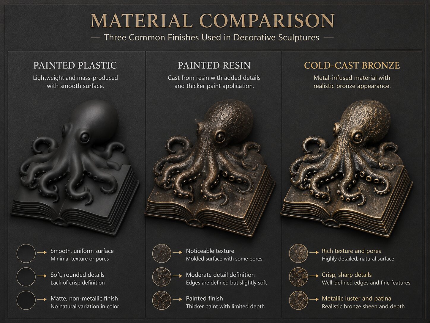 Three material samples side by side - painted plastic, plain resin painted, cold-cast bronze - showing surface quality differences