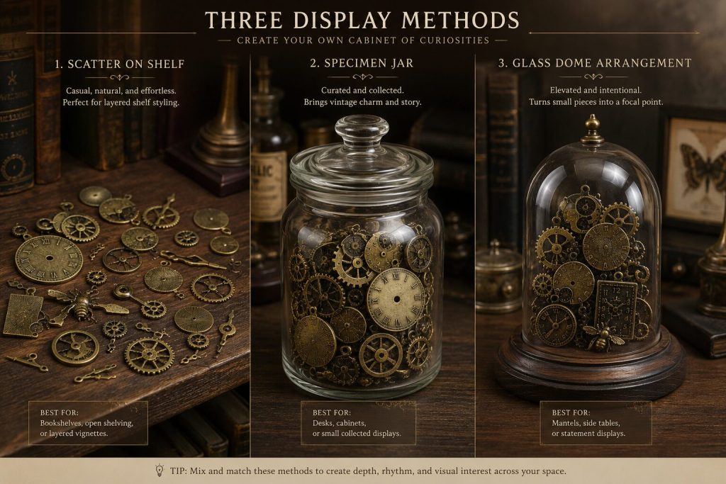 Three display methods side by side: scatter on shelf / specimen jar / glass dome arrangement