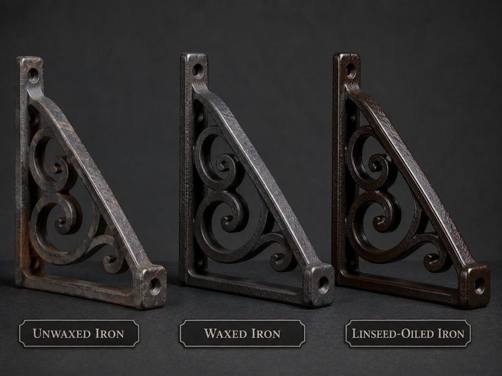 Three treatment samples - unwaxed iron showing early rust / waxed iron protected / linseed-oiled iron dark and rich