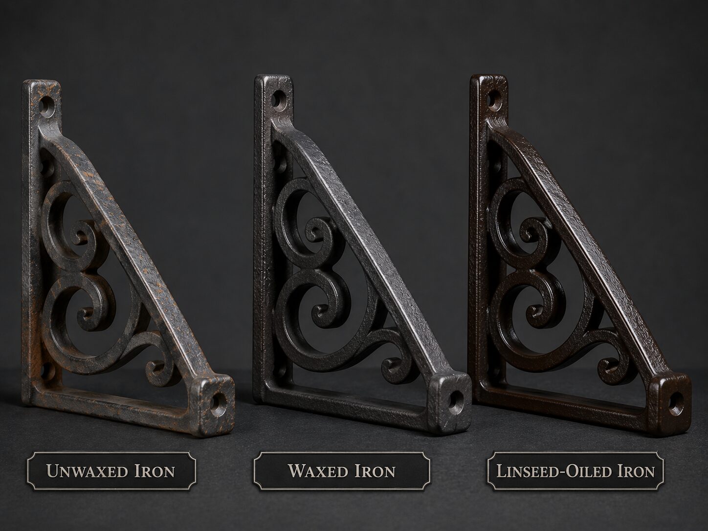 Three treatment samples - unwaxed iron showing early rust / waxed iron protected / linseed-oiled iron dark and rich