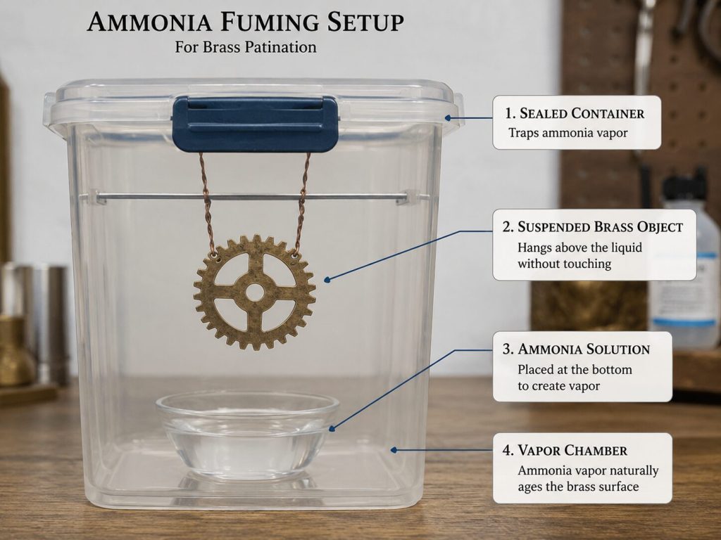 Ammonia fuming setup - sealed container, small ammonia bowl, brass object suspended above