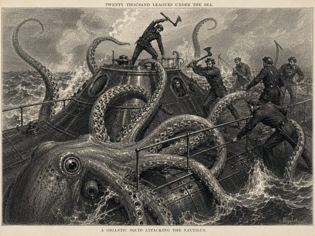 Public domain illustration from a 19th-century edition of 20,000 Leagues Under the Sea - the giant squid attack on the Nautilus
