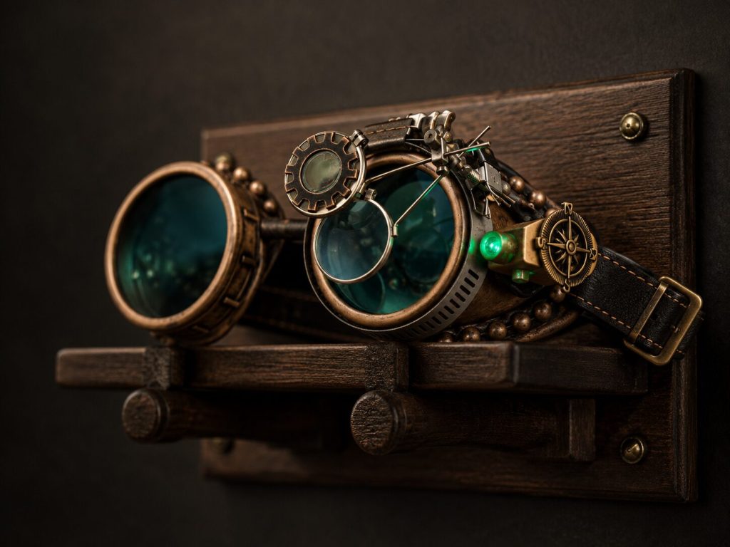 Goggles mounted on dark wood wall bracket - LED compass charm visible, leather details, dramatic side lighting